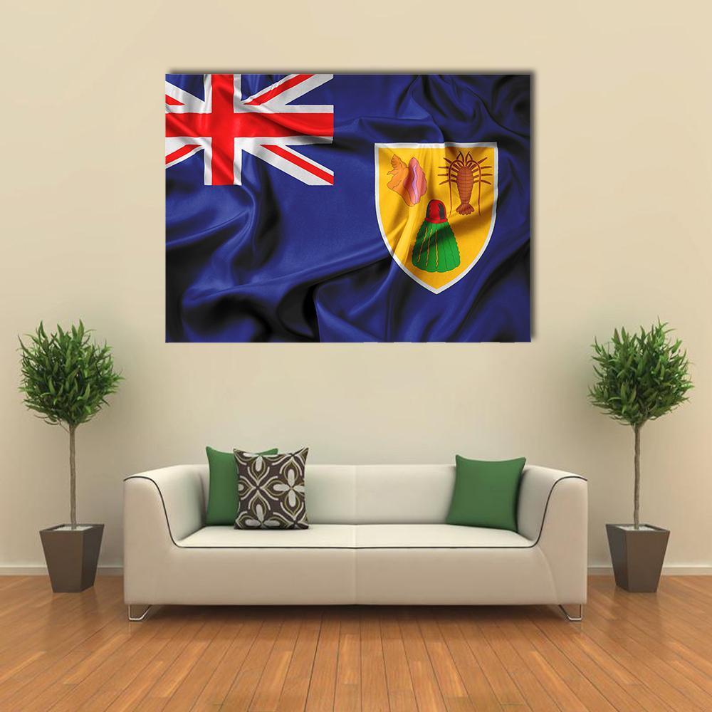 Waving Turks and Caicos Islands Flag Canvas Wall Art in white, red and blue, single panel hung on a wall