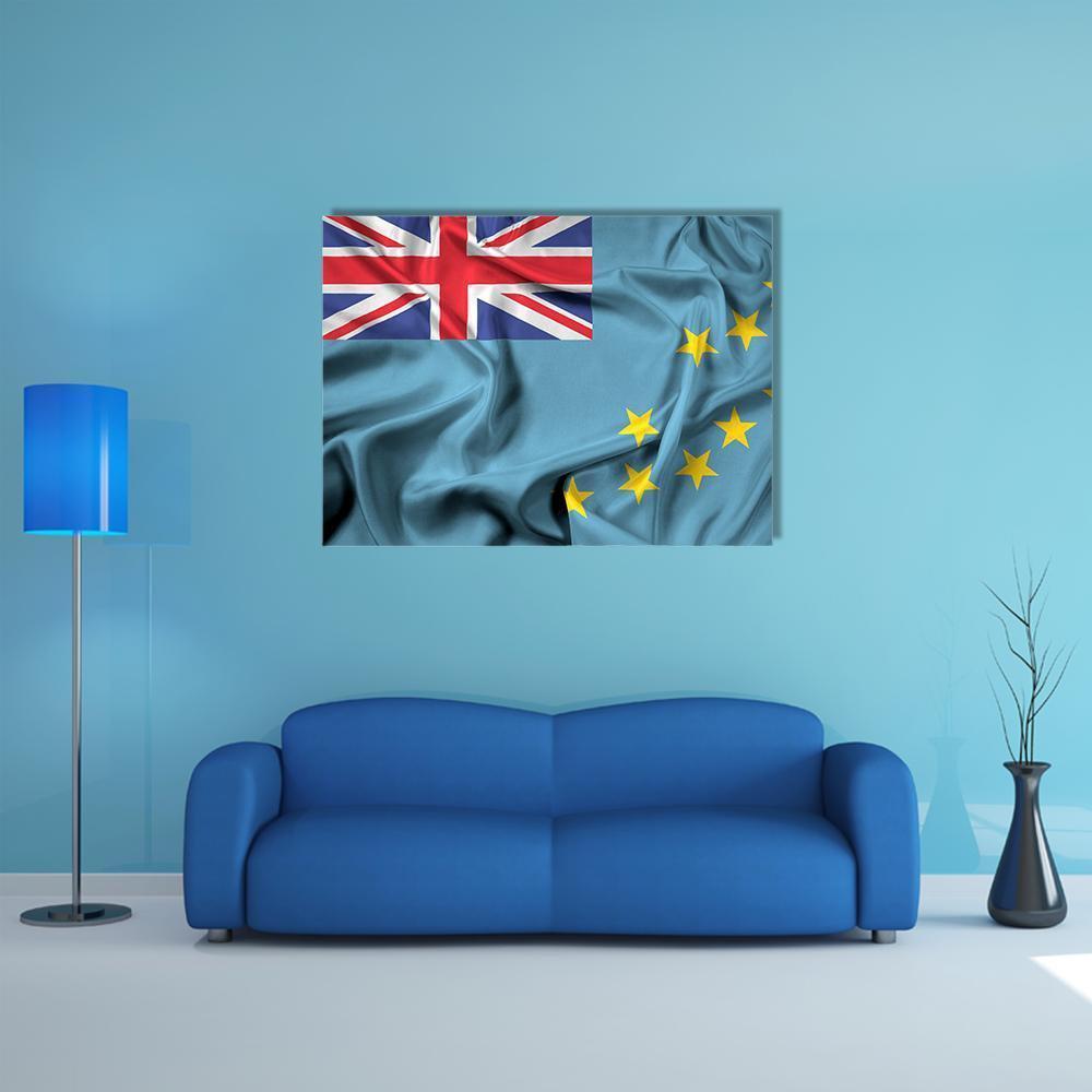 Waving Tuvalu Flag Canvas Wall Art in red, yellow and blue, single panel hung on a wall