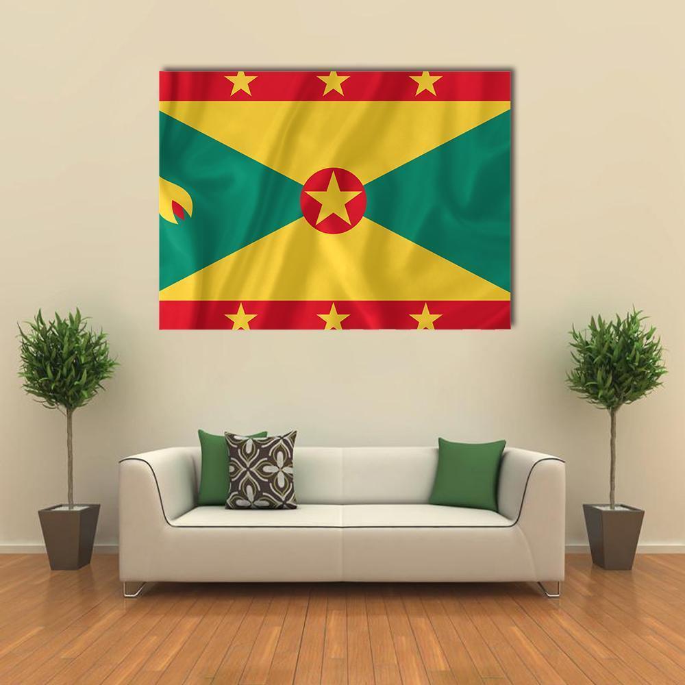 Waving Grenada Flag Canvas Wall Art in red, yellow and green, single panel hung on a wall