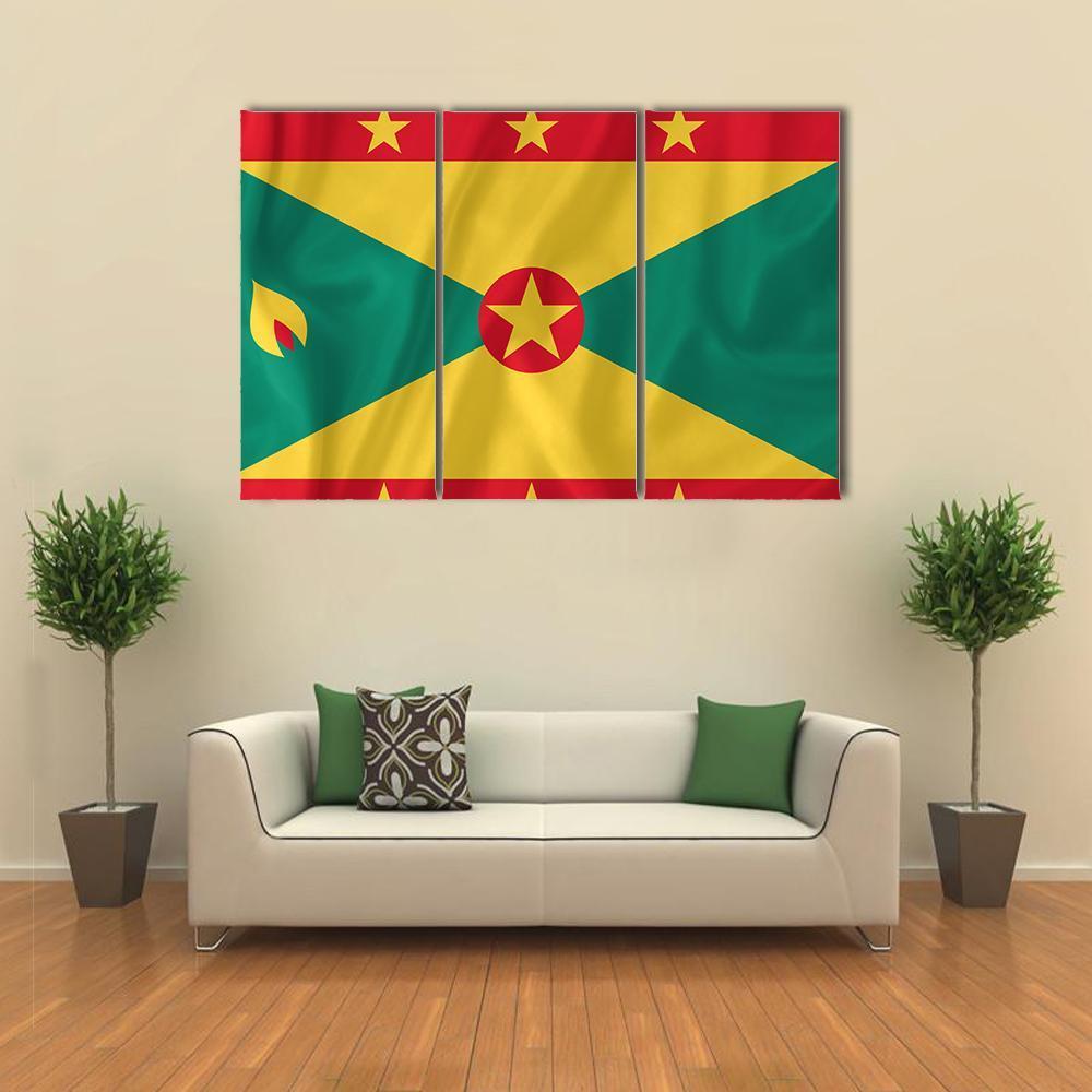 Waving Grenada Flag Canvas Wall Art in red, yellow and green, 3 panel horizontal set hung on a wall