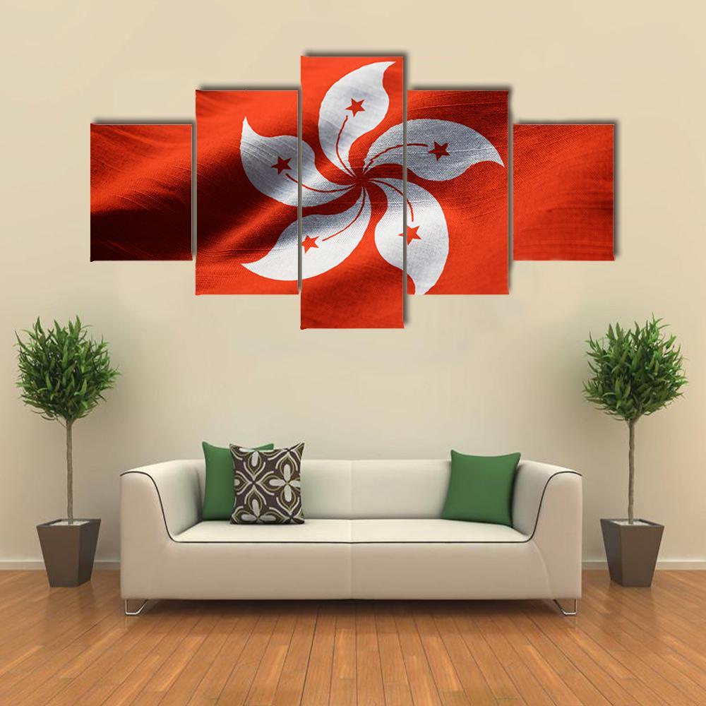Waving Hong Kong Flag Canvas Wall Art-5 Star-Gallery Wrap-62" x 32"-Tiaracle