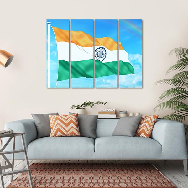 Waving Indian Flag Canvas Wall Art-4 Horizontal-Gallery Wrap-34" x 24"-Tiaracle