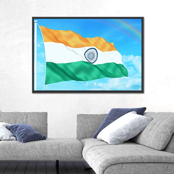 Waving Indian Flag Canvas Wall Art-5 Horizontal-Gallery Wrap-22" x 12"-Tiaracle