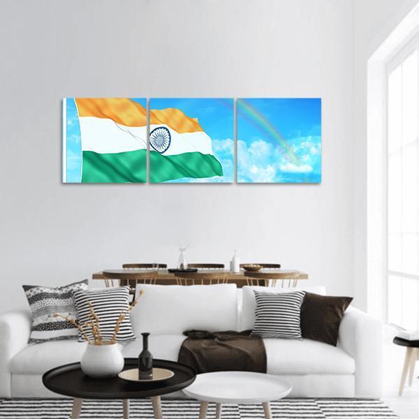 Waving Indian Flag with Rainbow Panoramic Canvas Wall Art in orange, green and blue, hung on a wall