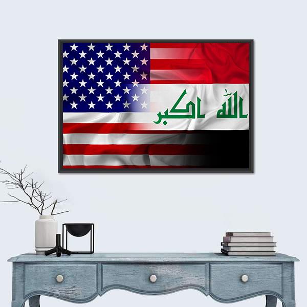 Waving Iraq And USA Flag Canvas Wall Art-1 Piece-Floating Frame-24" x 16"-Tiaracle