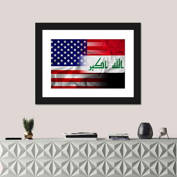 Waving Iraq And USA Flag Canvas Wall Art-1 Piece-Framed Print-20" x 16"-Tiaracle