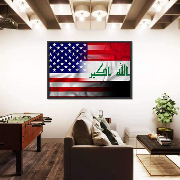 Waving Iraq And USA Flag Canvas Wall Art-5 Horizontal-Gallery Wrap-22" x 12"-Tiaracle