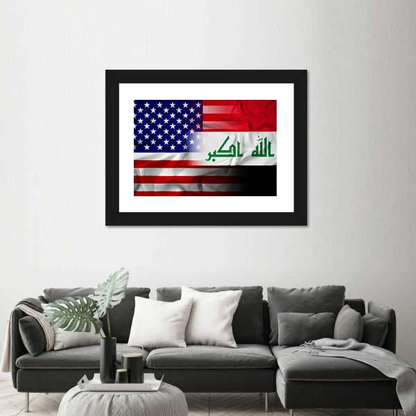 Waving Iraq And USA Flag Canvas Wall Art-3 Horizontal-Gallery Wrap-25" x 16"-Tiaracle