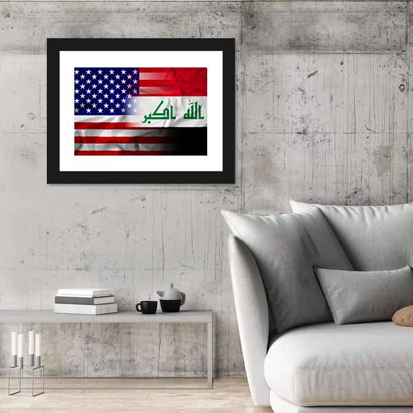 Waving Iraq And USA Flag Canvas Wall Art-5 Horizontal-Gallery Wrap-22" x 12"-Tiaracle