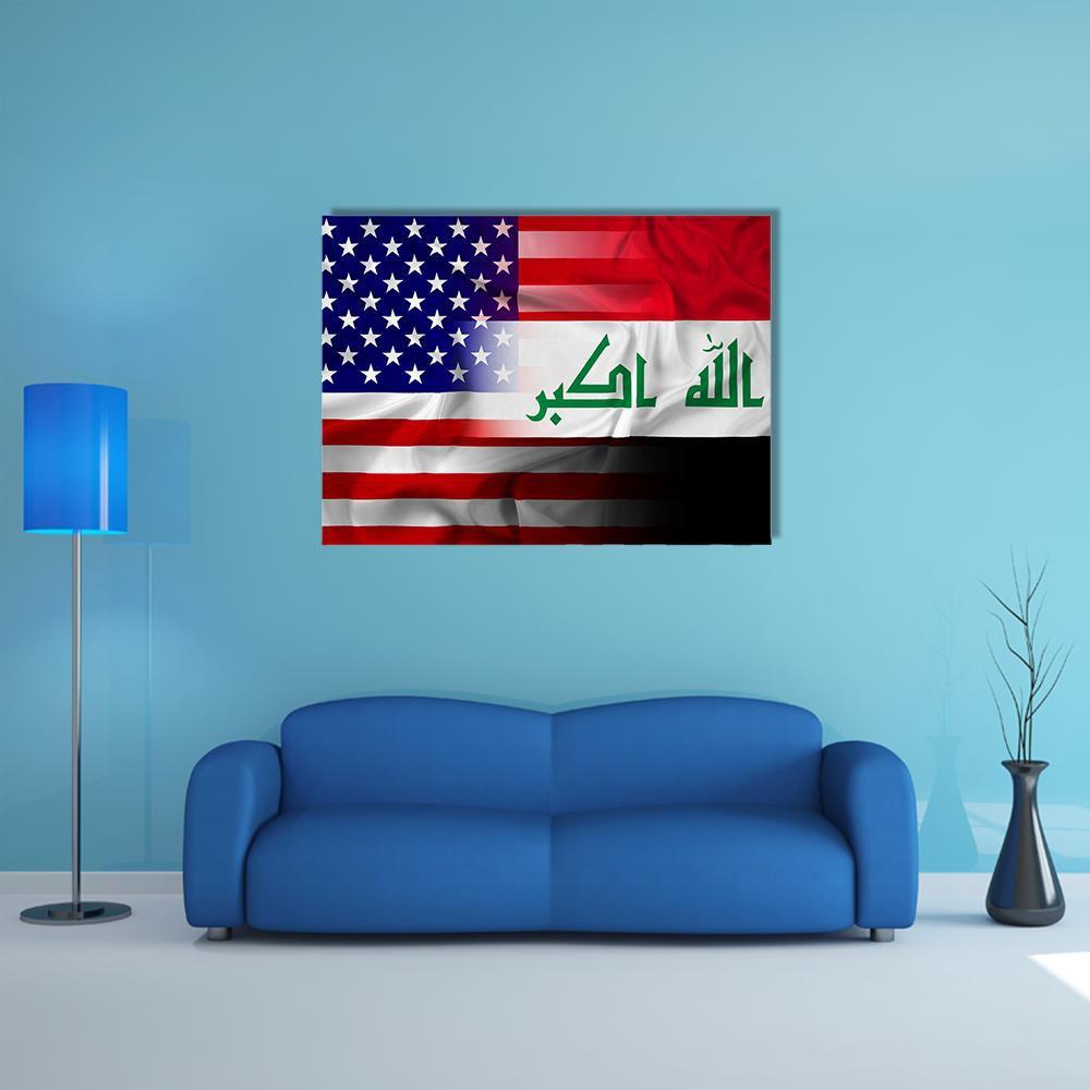 Waving Iraq and United States Flags Canvas Wall Art in white, red and blue, single panel hung on a wall