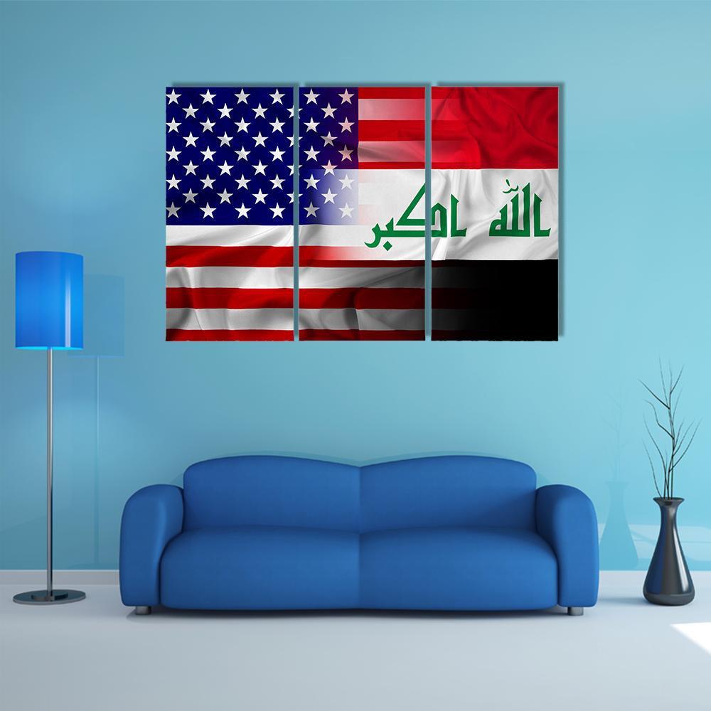 Waving Iraq And USA Flag Canvas Wall Art-3 Horizontal-Gallery Wrap-37" x 24"-Tiaracle