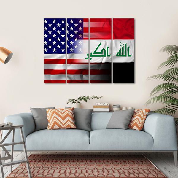 Waving Iraq And USA Flag Canvas Wall Art-4 Horizontal-Gallery Wrap-34" x 24"-Tiaracle