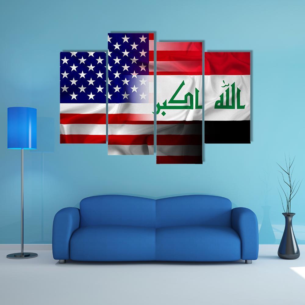 Waving Iraq And USA Flag Canvas Wall Art-4 Pop-Gallery Wrap-50" x 32"-Tiaracle