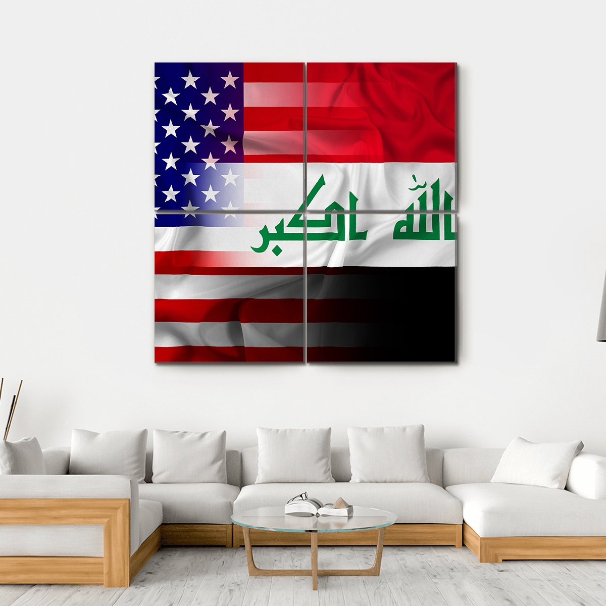 Waving Iraq And USA Flag Canvas Wall Art-4 Square-Gallery Wrap-17" x 17"-Tiaracle
