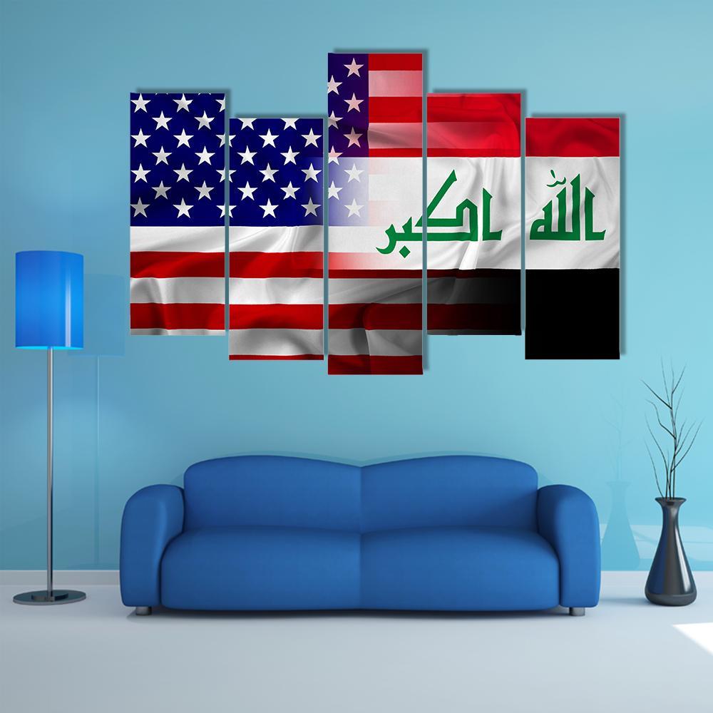 Waving Iraq And USA Flag Canvas Wall Art-3 Horizontal-Gallery Wrap-37" x 24"-Tiaracle