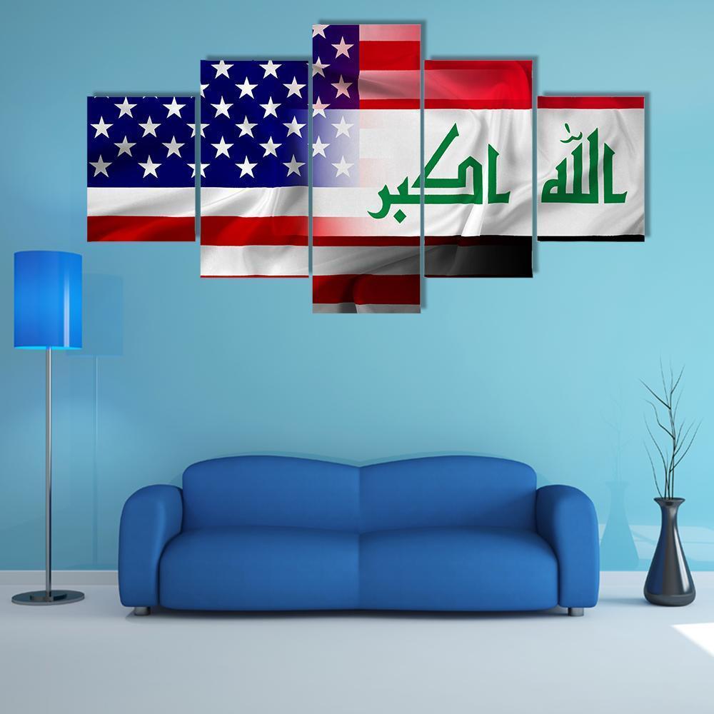 Waving Iraq And USA Flag Canvas Wall Art-5 Star-Gallery Wrap-62" x 32"-Tiaracle