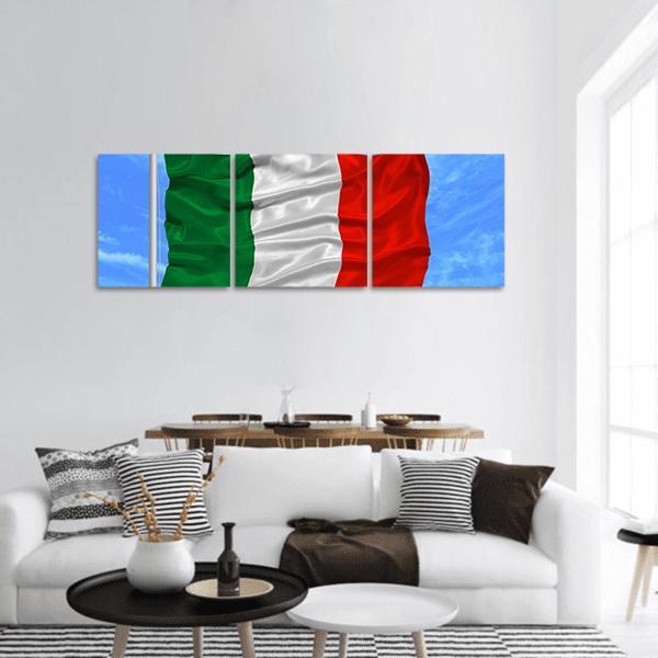 Waving Italian Flag Panoramic Canvas Wall Art in white, red and green, hung on a wall