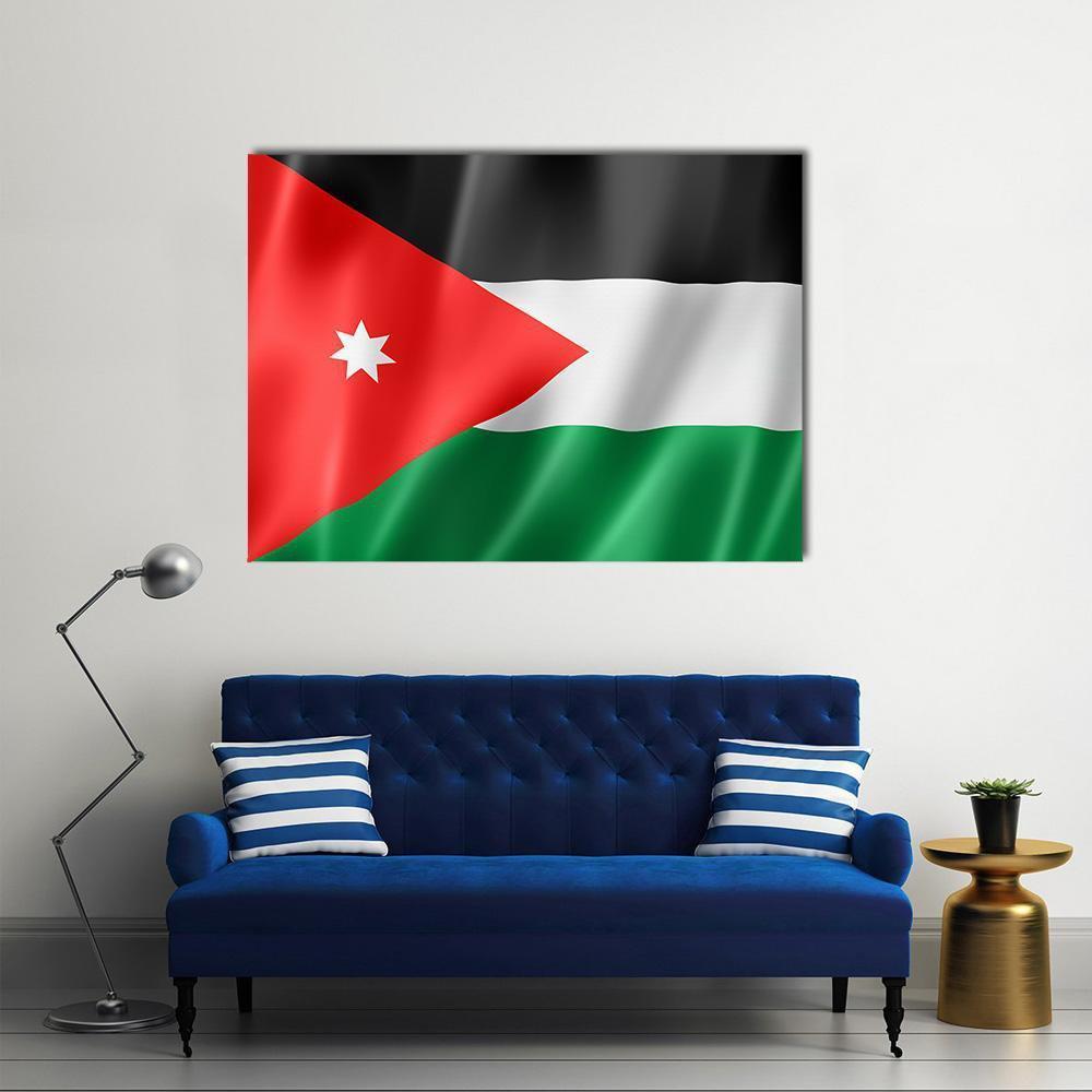 Waving Jordan Flag Canvas Wall Art in black, red and green, single panel hung on a wall