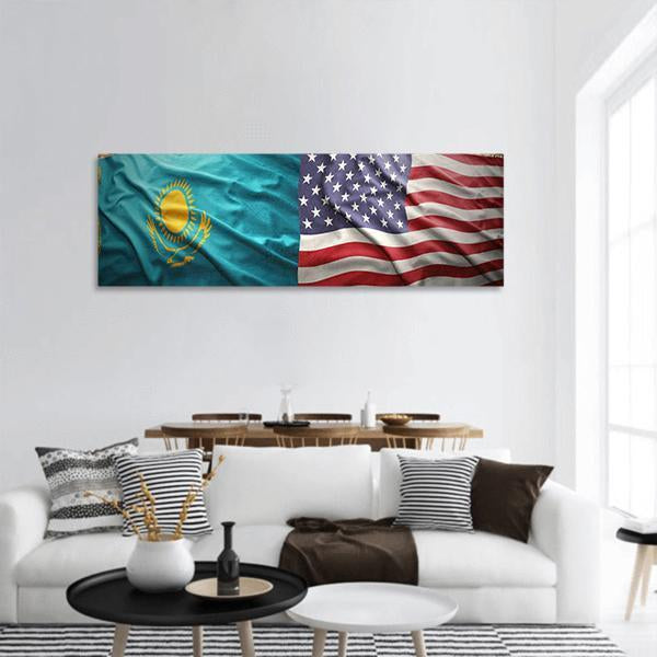 Waving Kazakh And American Flag Panoramic Canvas Wall Art-1 Piece-36" x 12"-Tiaracle