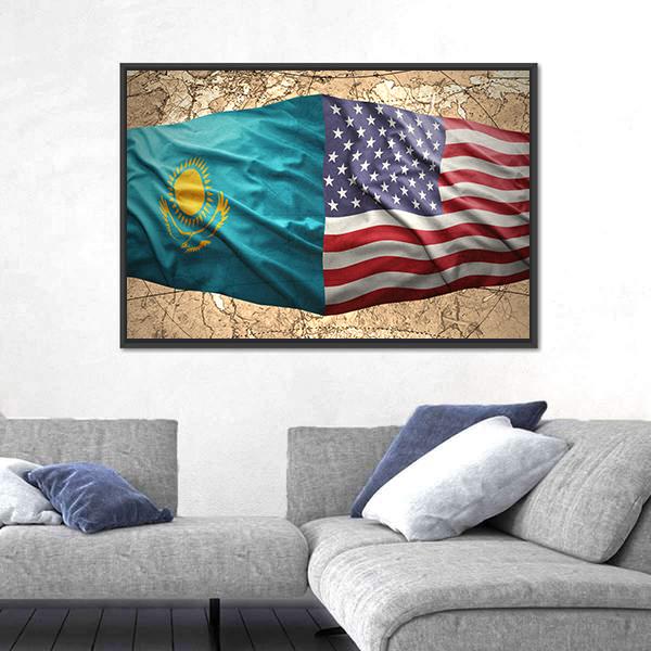 Waving Kazakh And American Flag Panoramic Canvas Wall Art-1 Piece-36" x 12"-Tiaracle