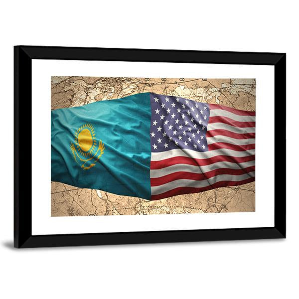 Waving Kazakh And American Flag Panoramic Canvas Wall Art-1 Piece-36" x 12"-Tiaracle