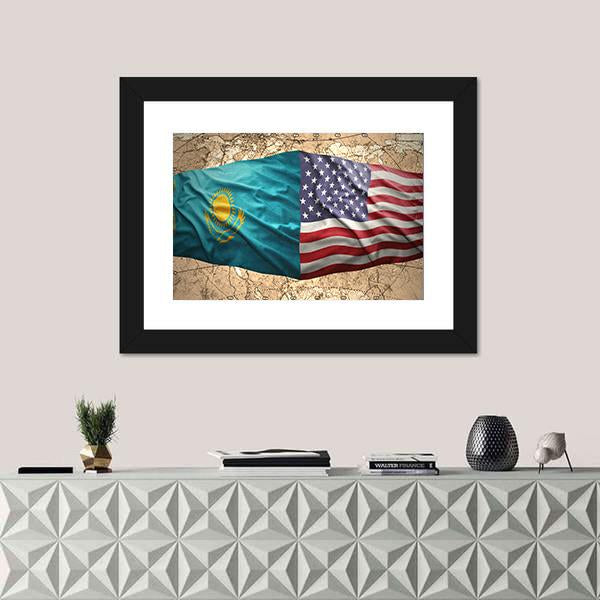 Waving Kazakh And American Flag Panoramic Canvas Wall Art-1 Piece-36" x 12"-Tiaracle