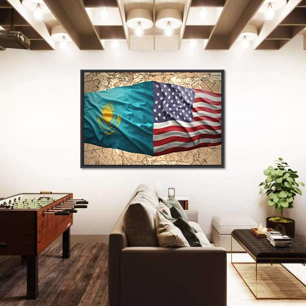 Waving Kazakh And American Flag Panoramic Canvas Wall Art-1 Piece-36" x 12"-Tiaracle