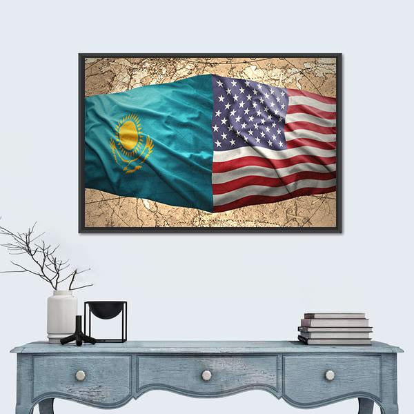 Waving Kazakh And American Flags Canvas Wall Art-1 Piece-Floating Frame-24" x 16"-Tiaracle