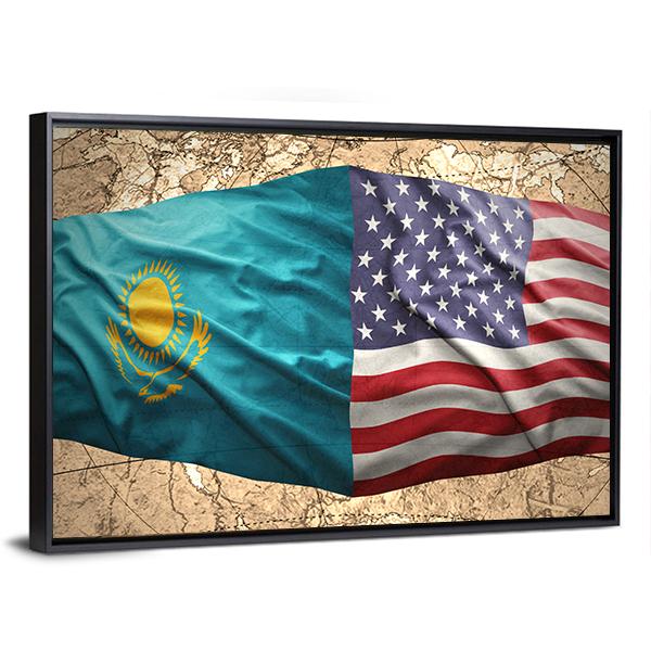 Waving Kazakh And American Flags Canvas Wall Art-3 Horizontal-Gallery Wrap-25" x 16"-Tiaracle