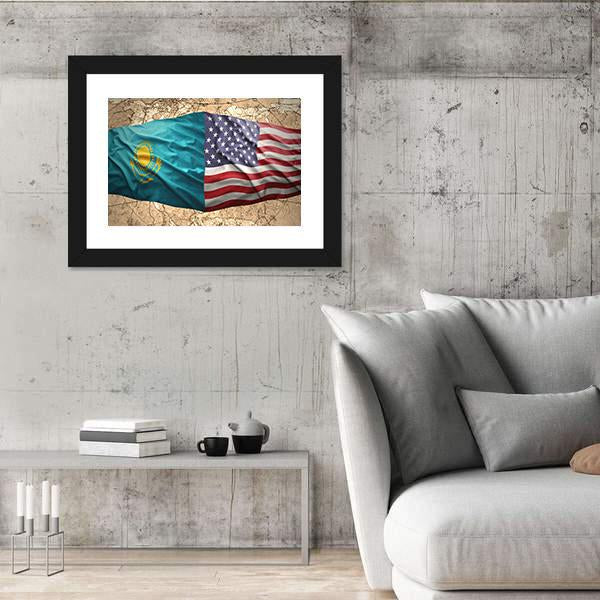 Waving Kazakh And American Flags Canvas Wall Art-3 Horizontal-Gallery Wrap-25" x 16"-Tiaracle