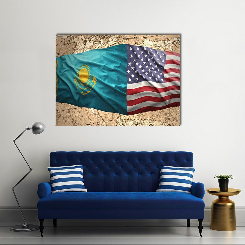 Waving Kazakh And American Flags Canvas Wall Art-1 Piece-Gallery Wrap-48" x 32"-Tiaracle