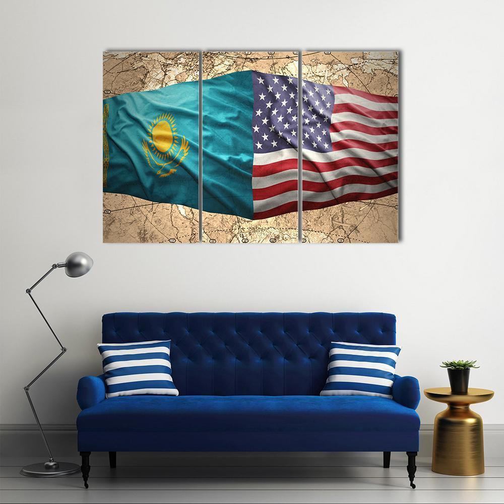 Waving Kazakh And American Flags Canvas Wall Art-3 Horizontal-Gallery Wrap-37" x 24"-Tiaracle