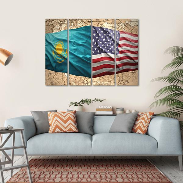 Waving Kazakh And American Flags Canvas Wall Art-4 Horizontal-Gallery Wrap-34" x 24"-Tiaracle