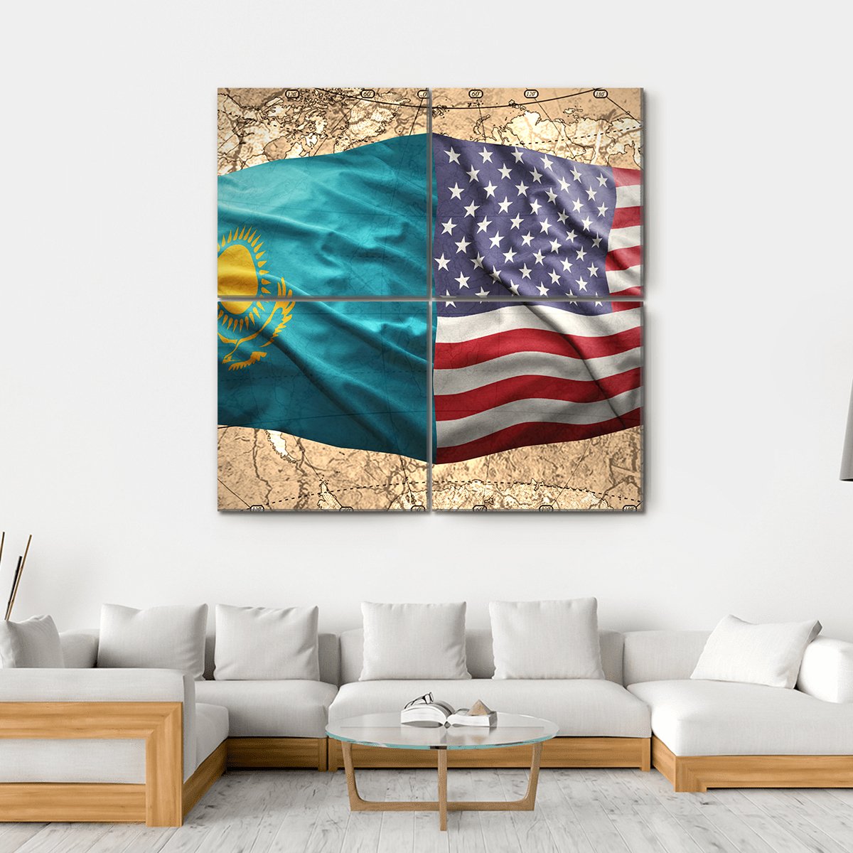 Waving Kazakh And American Flags Canvas Wall Art-4 Square-Gallery Wrap-17" x 17"-Tiaracle