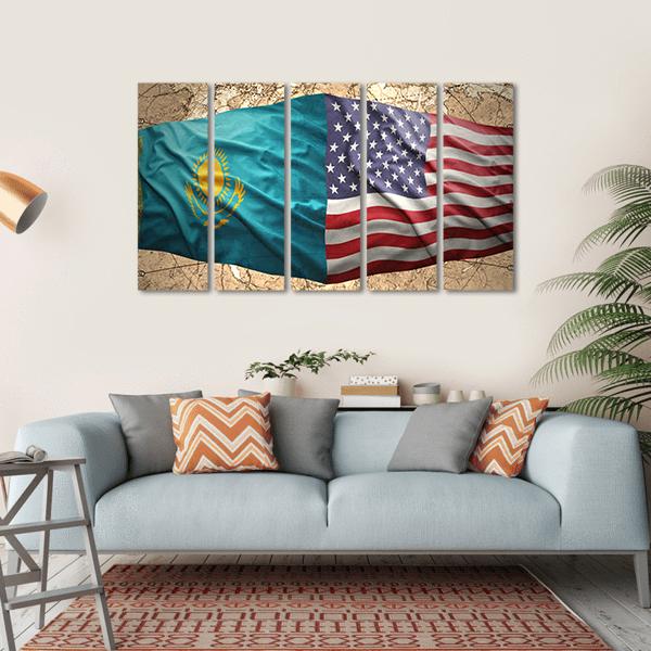 Waving Kazakh And American Flags Canvas Wall Art-5 Horizontal-Gallery Wrap-22" x 12"-Tiaracle