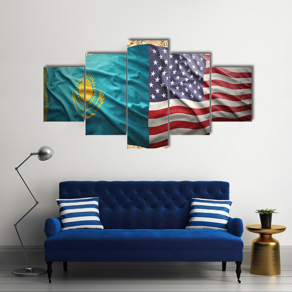 Waving Kazakh And American Flags Canvas Wall Art-3 Horizontal-Gallery Wrap-37" x 24"-Tiaracle