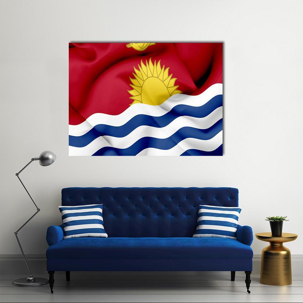 Waving Kiribati Flag Canvas Wall Art in red, yellow and blue, single panel hung on a wall