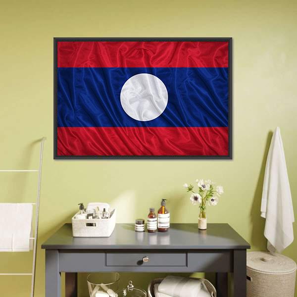 Waving Laos Flag Canvas Wall Art in white, red and blue, framed canvas, product view on a white background