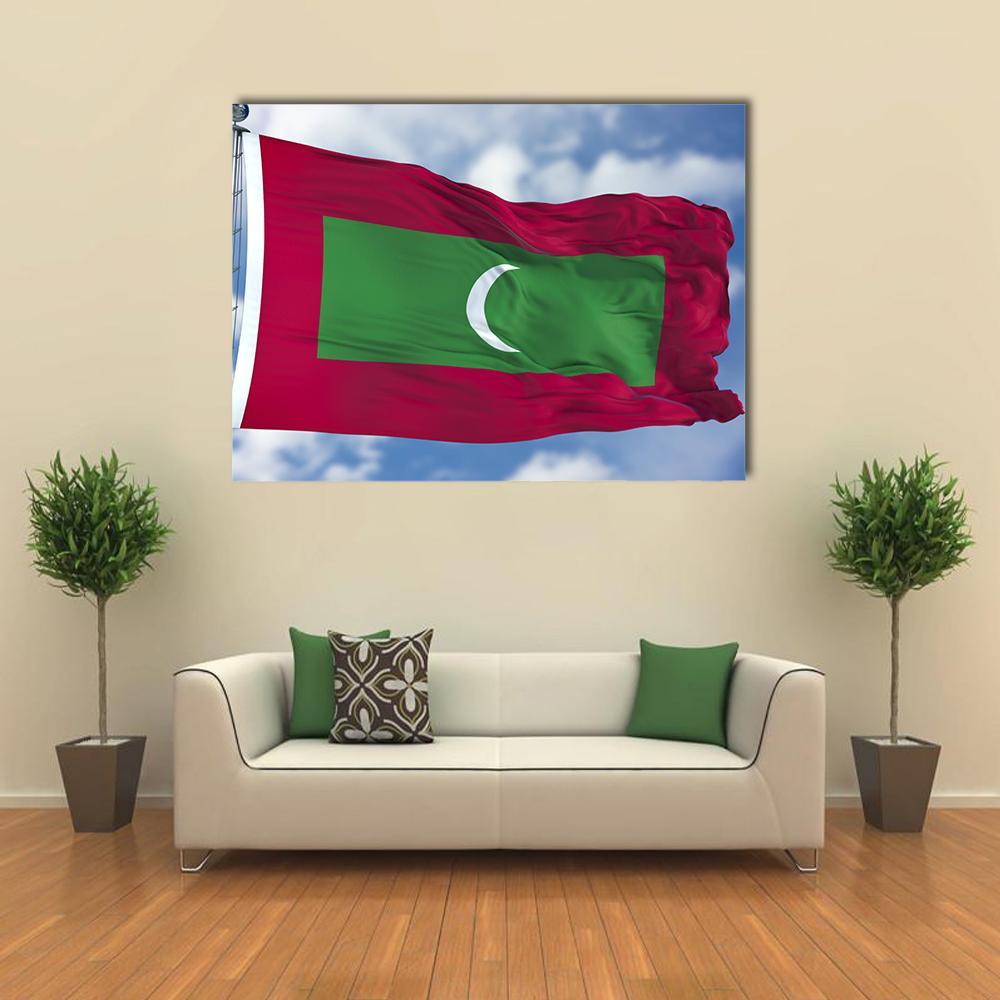 Waving Maldives Flag Canvas Wall Art in red, green and blue, single panel hung on a wall