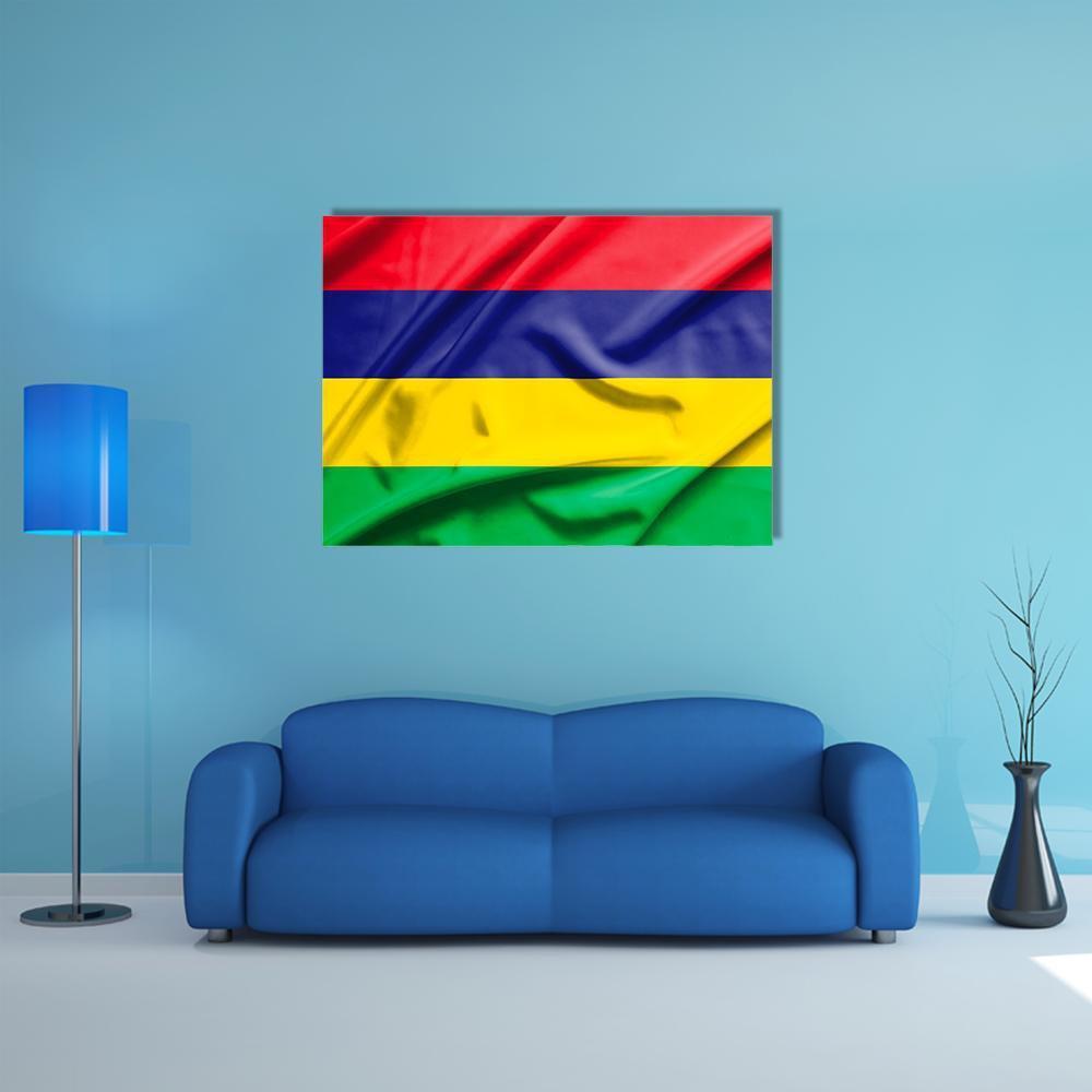 Waving Mauritius Flag Canvas Wall Art in red, yellow and blue, single panel hung on a wall