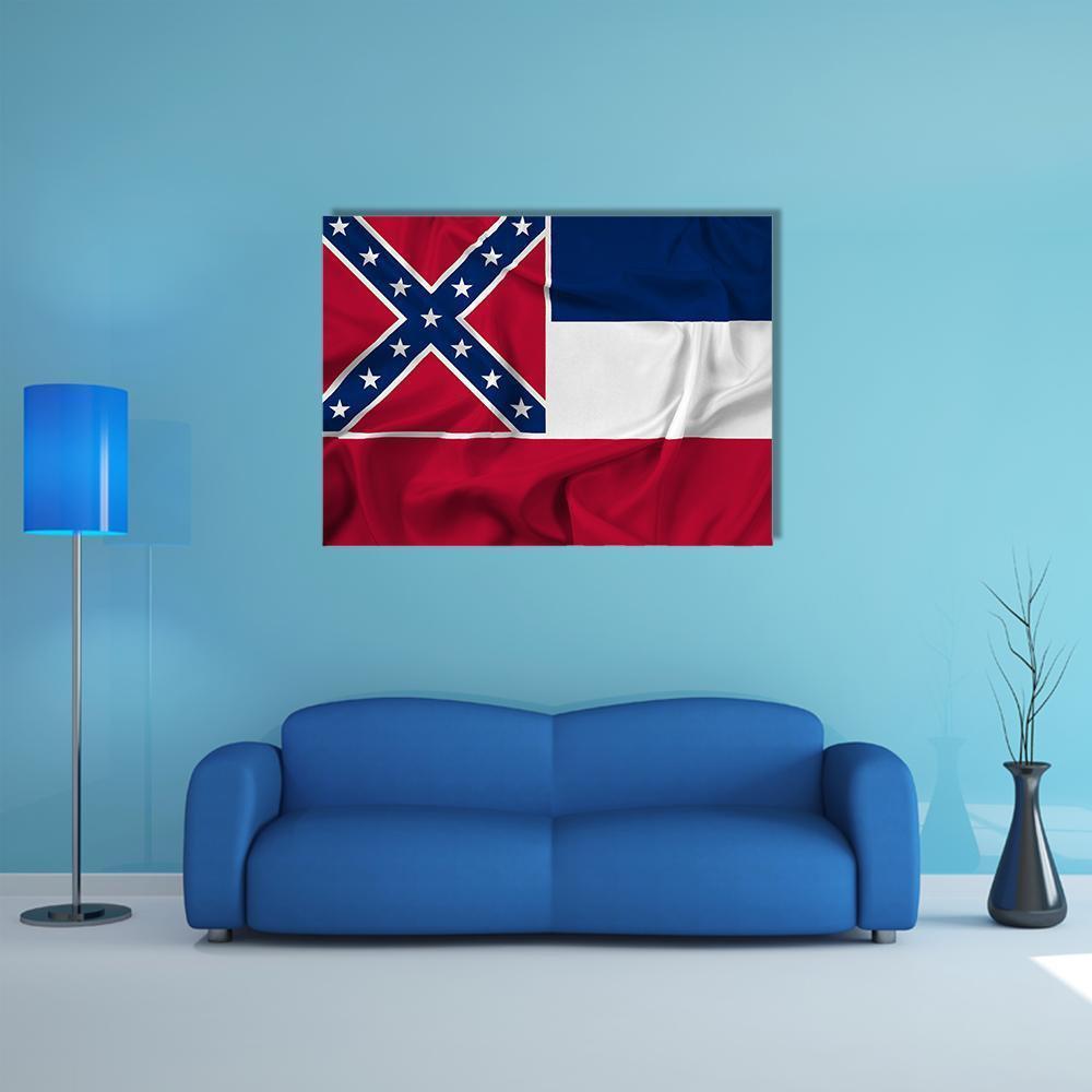 Waving Mississippi Flag Canvas Wall Art in white, red and blue, single panel hung on a wall