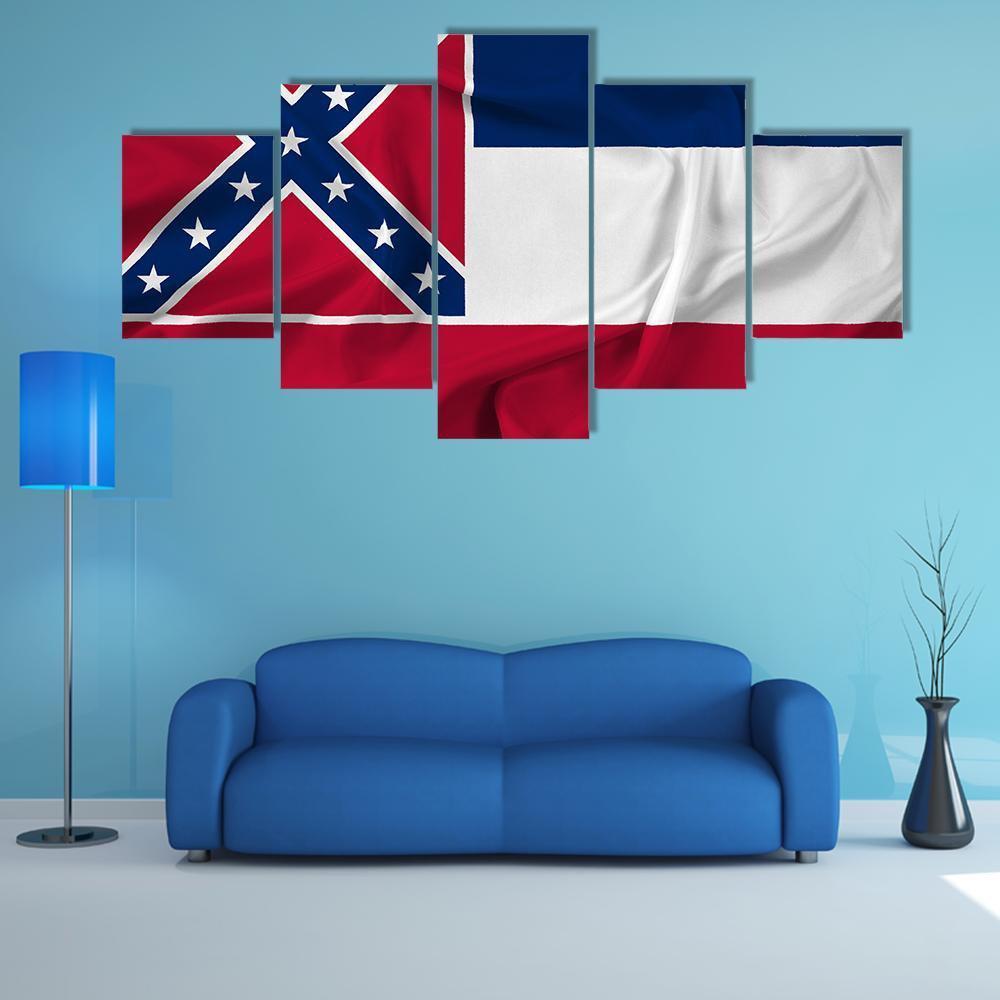 Waving Mississippi State Flag Canvas Wall Art-5 Star-Gallery Wrap-62" x 32"-Tiaracle