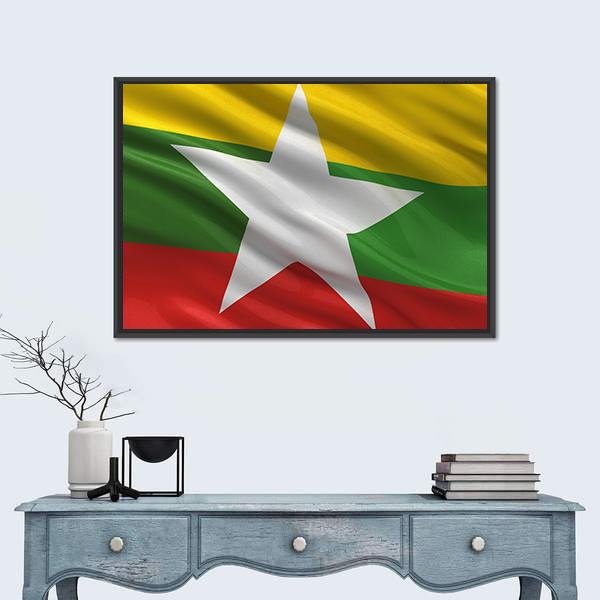 Waving Myanmar Flag Canvas Wall Art-1 Piece-Floating Frame-24" x 16"-Tiaracle