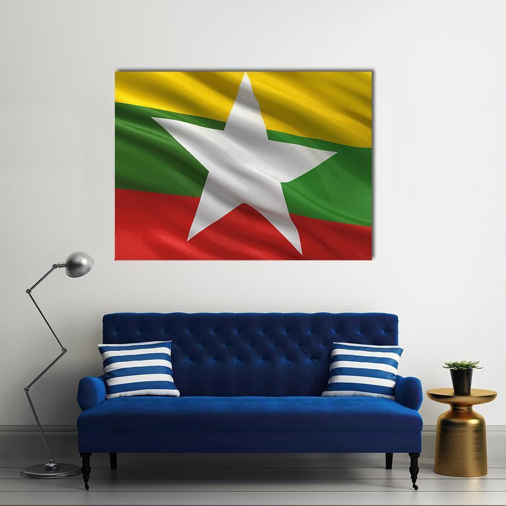 Waving Myanmar Flag Canvas Wall Art in red, yellow and green, single panel hung on a wall