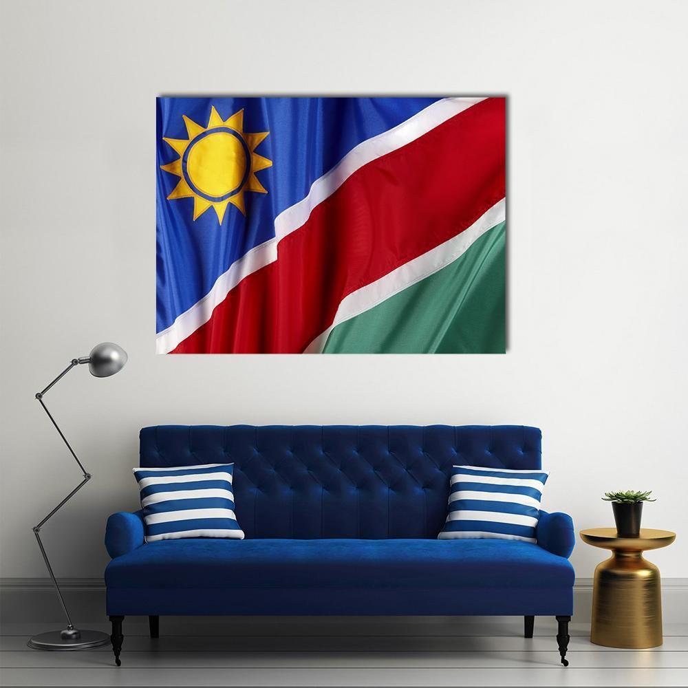 Waving Namibian Flag Canvas Wall Art in red, green and blue, single panel hung on a wall