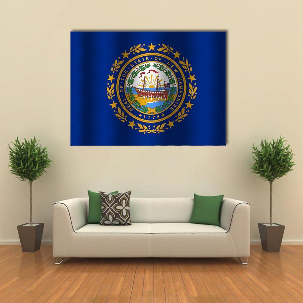 Waving New Hampshire State Flag Canvas Wall Art in gold and blue, single panel hung on a wall