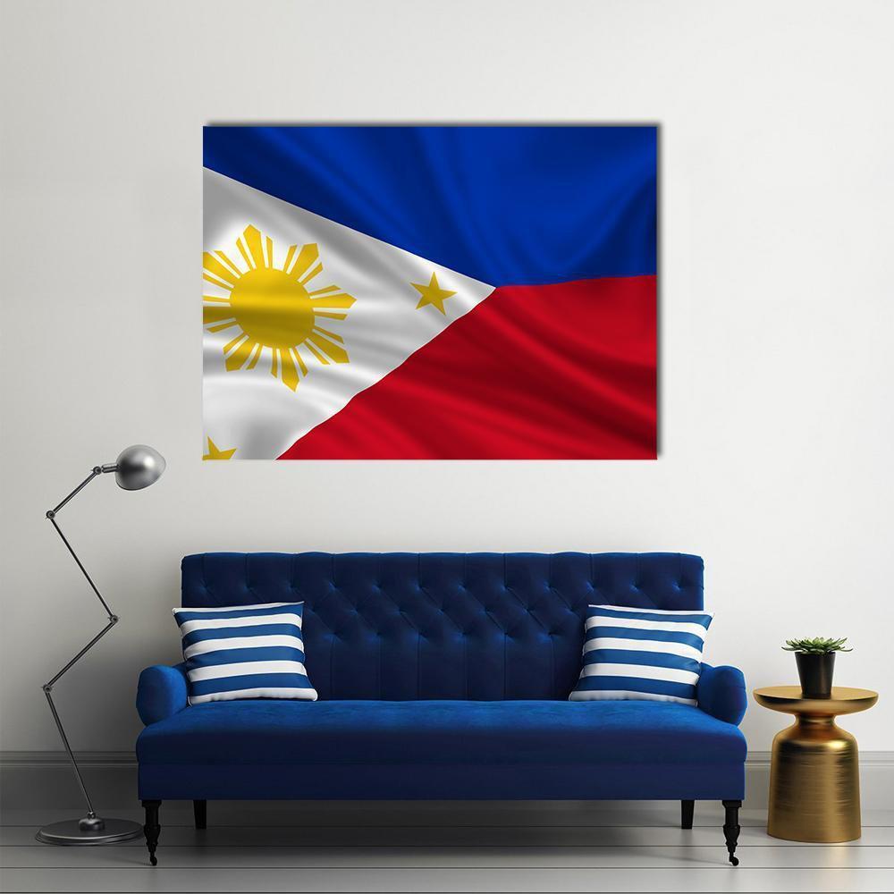 Waving Philippine Flag with Sun and Stars Canvas Wall Art in white, red and blue, single panel hung on a wall