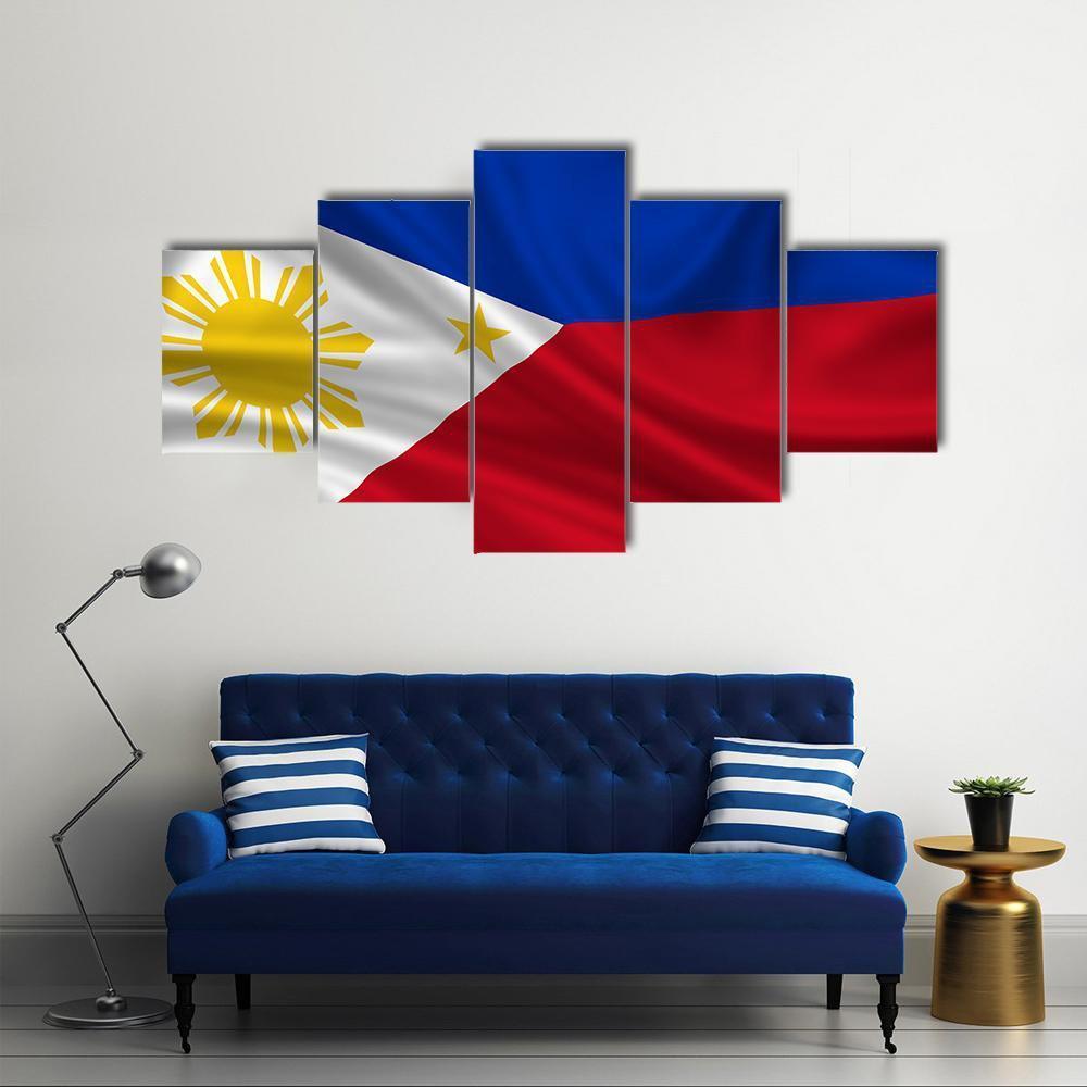 Waving Philippines Flag Canvas Wall Art-5 Star-Gallery Wrap-62" x 32"-Tiaracle