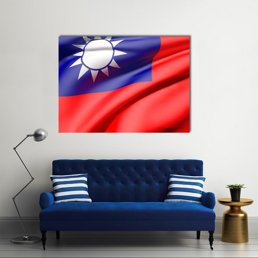 Waving Taiwan Flag Canvas Wall Art in white, red and blue, single panel hung on a wall