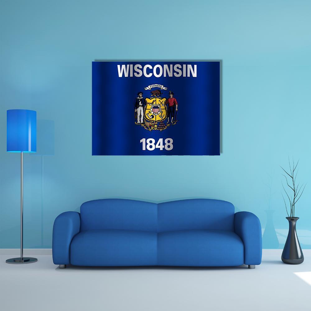 Waving Wisconsin State Flag Canvas Wall Art in white, gold and blue, single panel hung on a wall